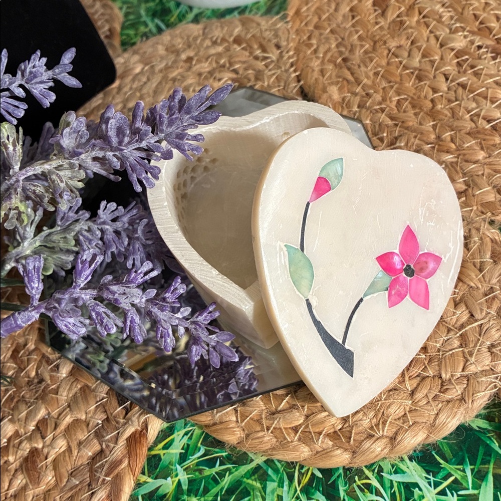 Fetco SoapStone Heart Trinket Box with Pink Floral Design